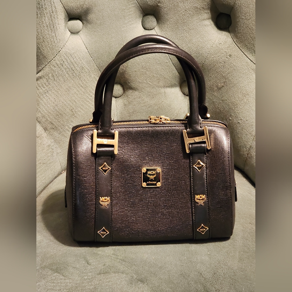 MCM Mini Satchel Bag with Charm Detail in Black